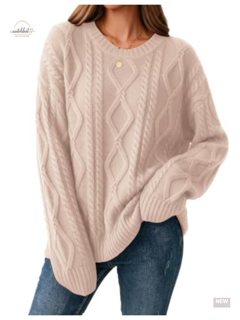 Cable Knit Crewneck Long Sleeve Pullover Sweater Loose Fit